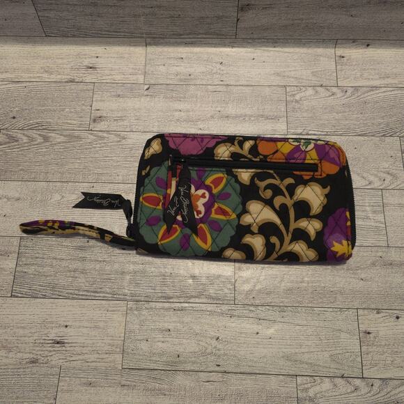 Vera Bradley SUZANI Zip-Around Wallet Retractable Wristlet Black Floral - Picture 1 of 12